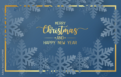 Merry christmas and happy new year greeting card  postcard with snowflake on blue background. Paper art style