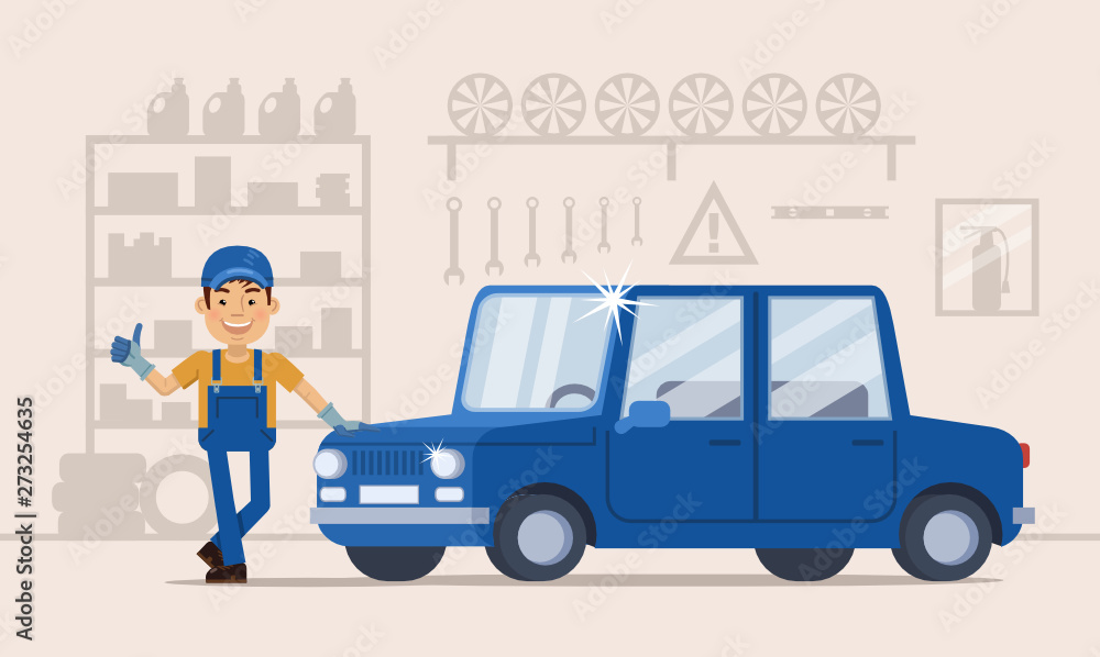Illustration of a cheerful auto mechanic standing near a car. Car repair service, garage. Smiling auto mechanic showing thumb up gesture. Flat style vector illustration