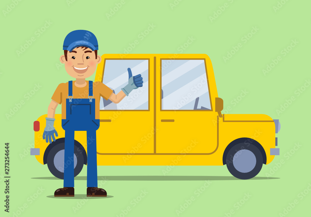 Vector illustration of a cheerful auto mechanic showing thumb up gesture and standing near a car. Car repair service. Flat style vector illustration Vector illustration of a cheerful auto mechanic showing thumb up gesture and standing near a car. Car repair service. Flat style vector illustration