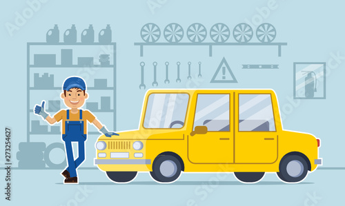 Vector illustration of a cheerful auto mechanic standing in his garage