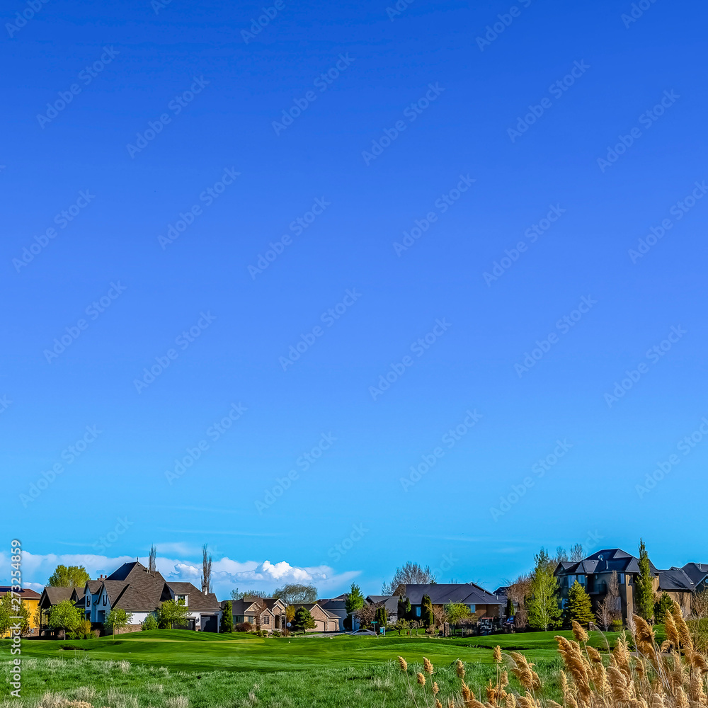 Square Vast grassy terrain with houses under blue sky and puffy clouds on a sunny day