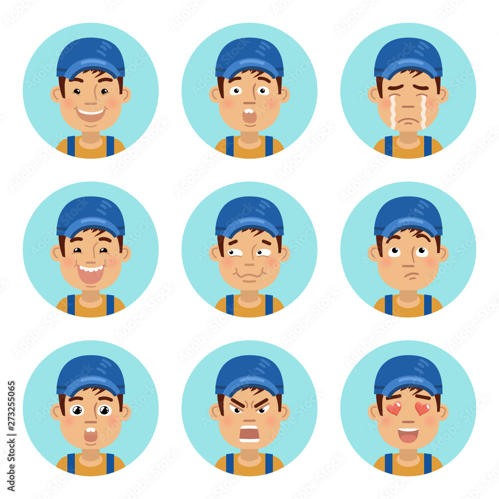 Set of auto mechanic emoticons. Mechanic avatars showing different emotions. Happy, smile, sad, cry, angry, love, surprised, upset, laugh and other facial expressions. Flat vector illustration Set of auto mechanic emoticons. Mechanic avatars showing different emotions. Happy, smile, sad, cry, angry, love, surprised, upset, laugh and other facial expressions. Flat vector illustration
