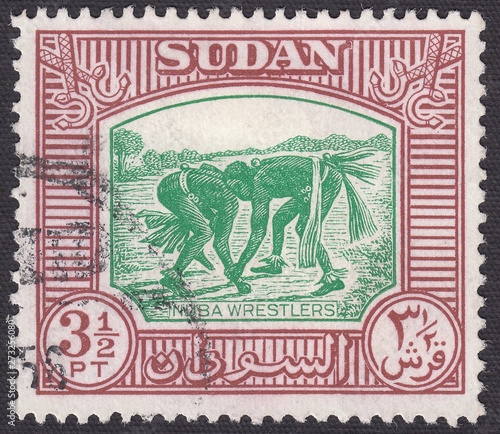 Nuba wrestlers.Martial arts,freestyle wrestling,sports, stamp Sudan 1951