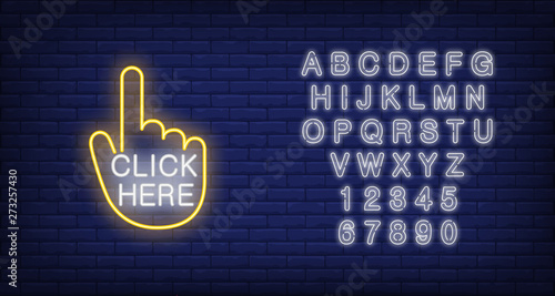 Click here neon sign. Luminous signboard with cursor. Night bright advertisement. Vector illustration in neon style for website interface, online shop
