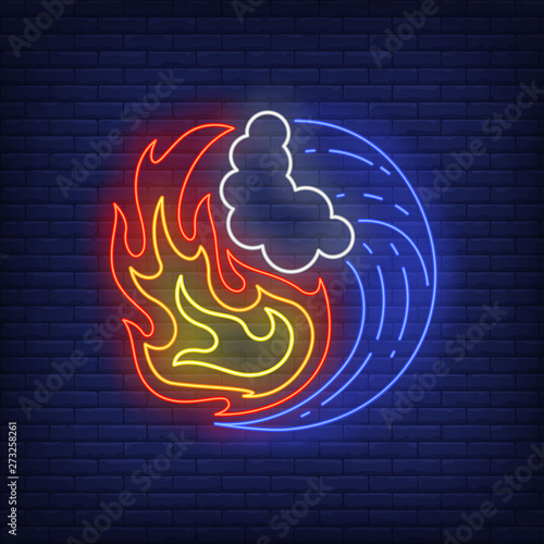 Fire and water yin yang neon sign. Nature, balance, tao design. Night bright neon sign, colorful billboard, light banner. Vector illustration in neon style.