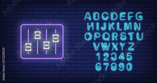 Audio console neon sign. Luminous signboard with faders on control desk. Night bright advertisement. Vector illustration in neon style for record studio, production, music