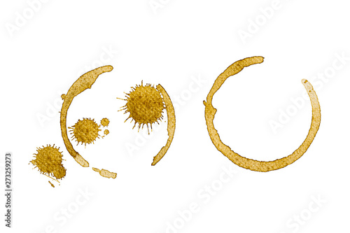 Coffee cup rings and coffee stain isolated on white background.
