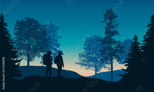 Realistic illustration of landscape with coniferous and deciduous forest and morning blue sky with rising sun. Two hikers with backpacks, man and woman, vector