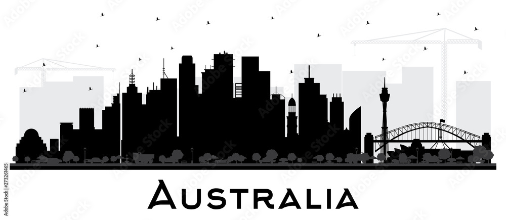 Australia City Skyline Silhouette with Black Buildings Isolated on White.