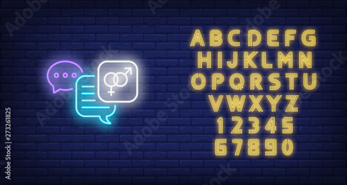 Sexting neon sign. Luminous signboard with erotic chat. Night bright advertisement. Vector illustration in neon style for communication, sex shop customer support