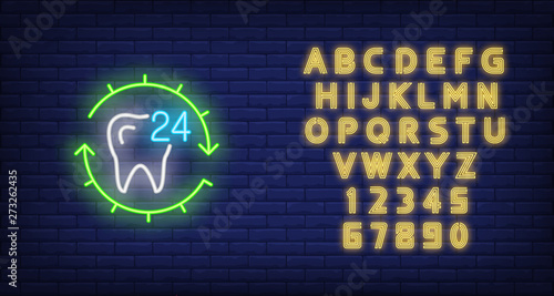 Tooth and twenty four hour service neon sign. Around-the-clock dental clinic advertisement design. Night bright neon sign, colorful billboard, light banner. Vector illustration in neon style.