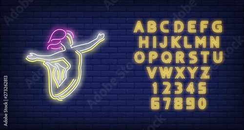 Jumping girl neon sign. Silhouette of woman jumping high with spread hands on brick wall background. Vector illustration in neon style for banners, posters, flyers