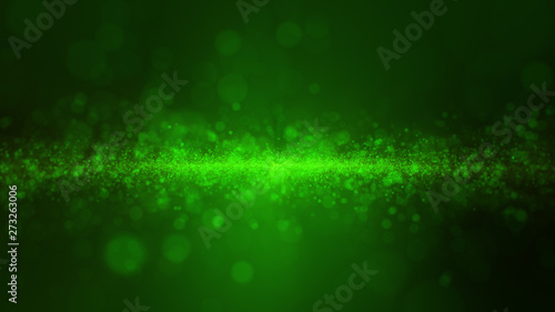 Glow green dust particale glitter sparks abstract background for celebration with light beam and shine in center. © kokotewan