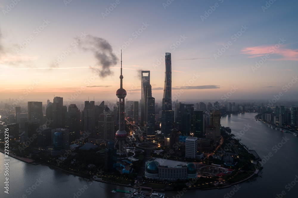 Fototapeta premium aerial view of Lujiazui, Shanghai city, at dawn