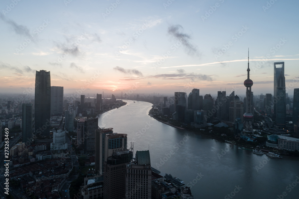 aerial view of Lujiazui, Shanghai city, at dawn
