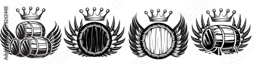 Vector set of monochrome illustrations with cask, wings and crown
