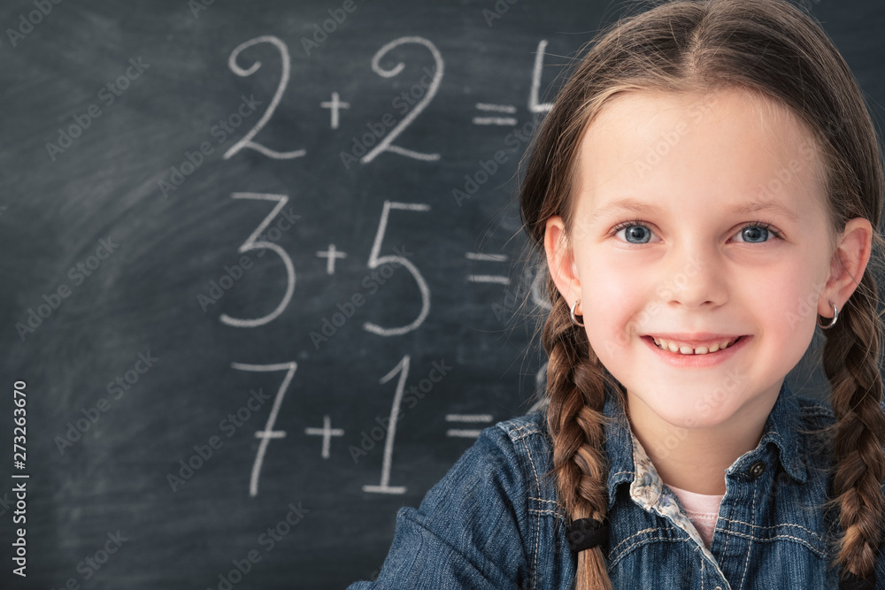 Math class. Smart smiling young girl with happy facial expression over chalkboard background with sums. Math class. Smart smiling young girl with happy facial expression over chalkboard background with sums.