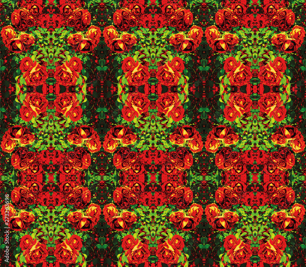 Ornament of red flowers with green leaves on a dark background.