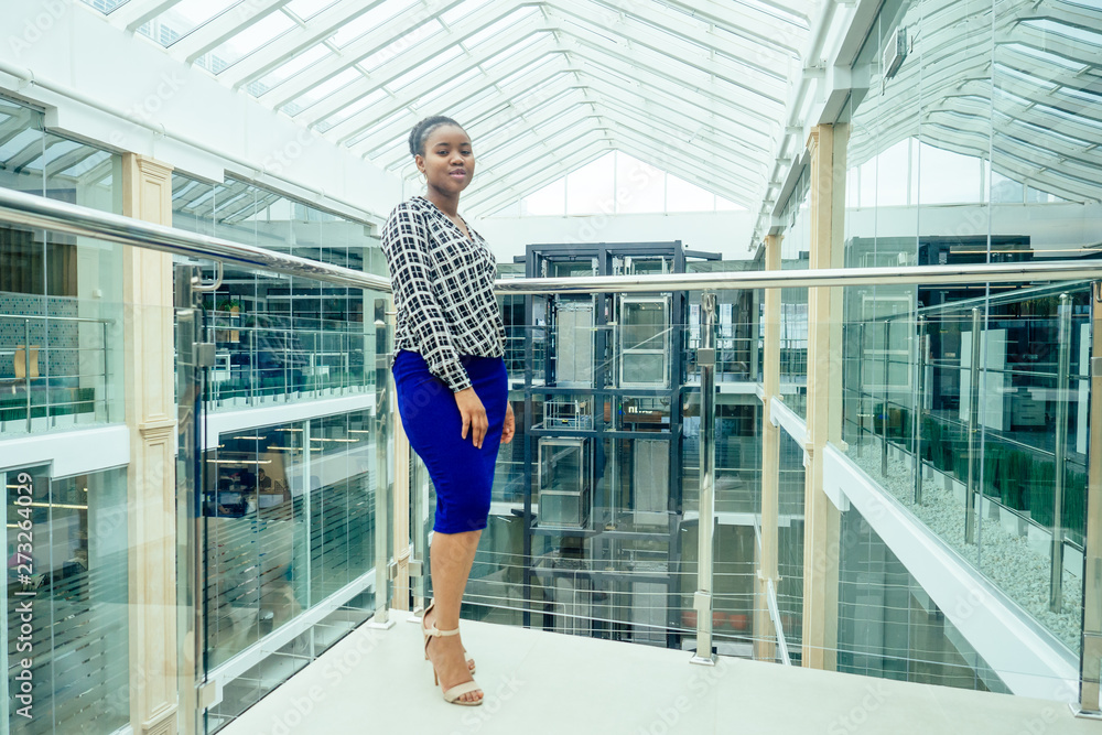 Happy African woman in a stylish skirt and shirt in a modern office with panoramic windows shopping center