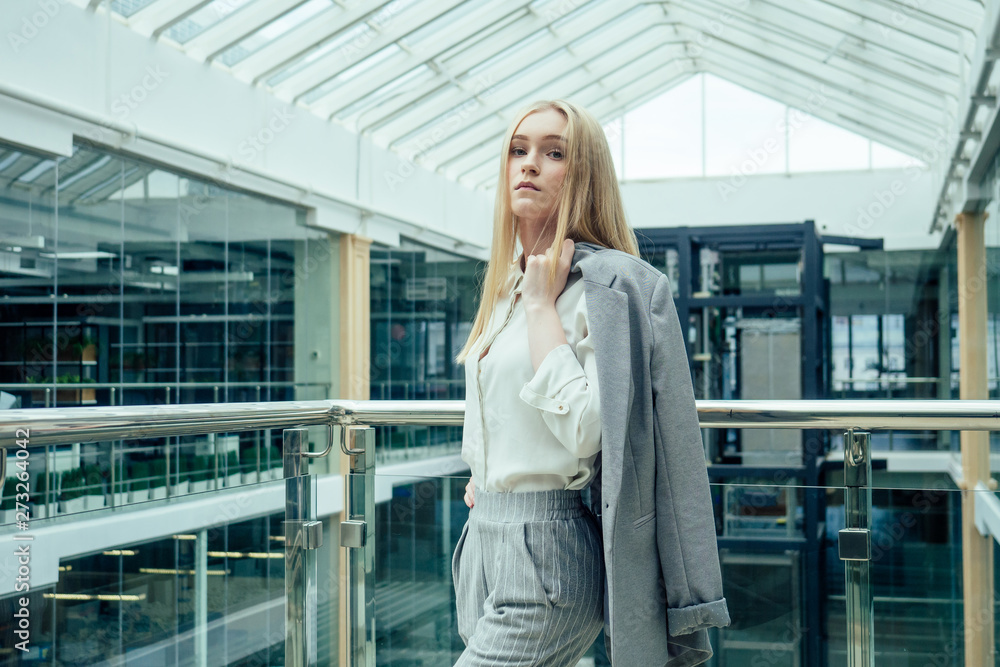 Young elegant business woman in a stylish gray suit pants and jacket in a modern office with panoramic windows shopping center Young elegant business woman in a stylish gray suit pants and jacket in a modern office with panoramic windows shopping center
