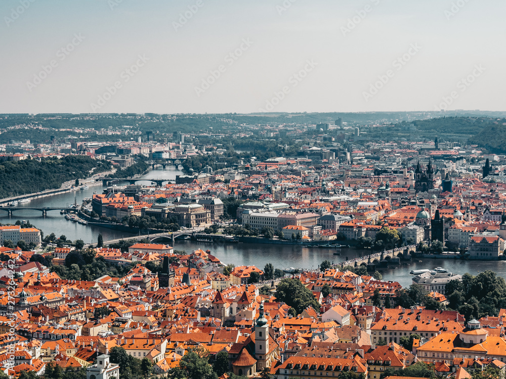 Charles Bridge and the old town in Prague from Petřín Lookout Tower