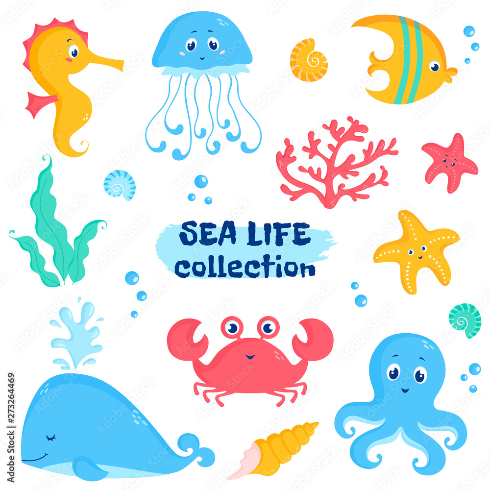 Sea animals and plants elements. Cute vector set. Sea animals and plants elements. Cute vector set.