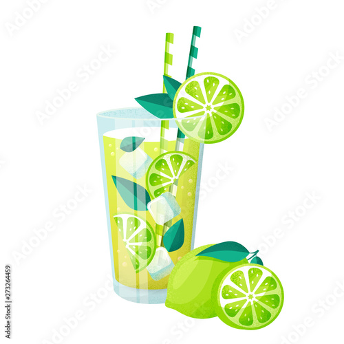 Mojito cocktail and lime isolated on white background. Vector.