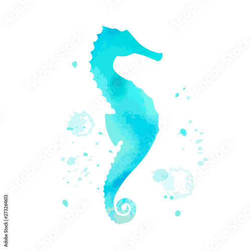 blue seahorse character with watercolor texture on white background.