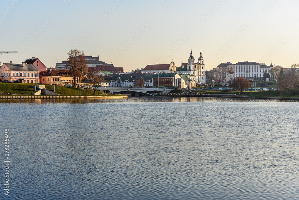 View of Upper Town and Traetskae Pradmestse or Trinity Suburb on Svisloch river bank in Minsk. Belarus