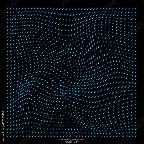 Abstract stripes dots particles wavy field pattern blue on black background in concept of modern, technology