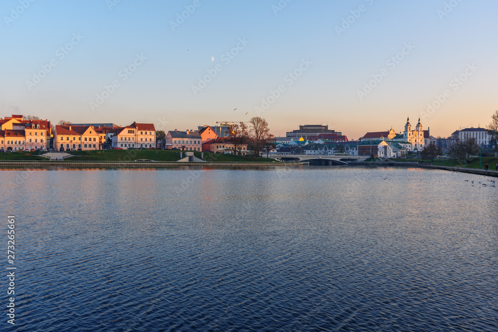 View of Upper Town and Traetskae Pradmestse or Trinity Suburb on Svisloch river bank in Minsk. Belarus