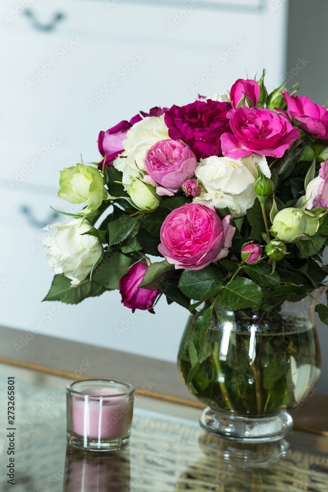 bouquet of fresh pink and white english roses flowers and cup of coffee on the glass table bouquet of fresh pink and white english roses flowers and cup of coffee on the glass table