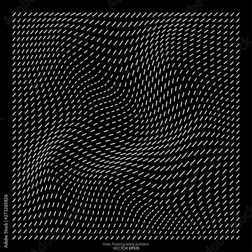 Abstract stripes line particles wavy field pattern white on black background in concept of modern, technology