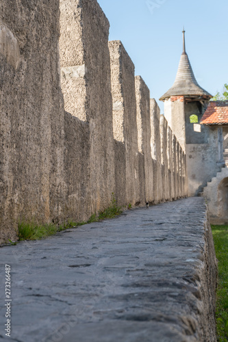 Fototapeta the historic castle walls and guard towers at Gruyeres in the Swiss canton of Va