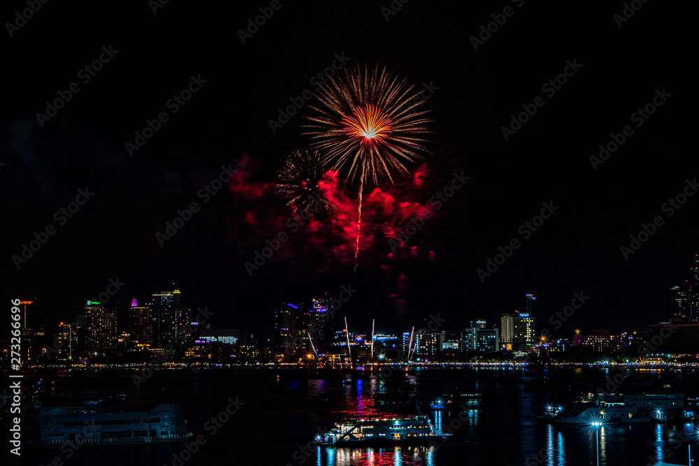 PATTAYA, THAILAND - MAY24: Beautiful lights on the night, colorful fireworks, and International fireworks at Pattaya International Fireworks Festival 2019 on May 24,2019 in Pattaya,Thailand. PATTAYA, THAILAND - MAY24: Beautiful lights on the night, colorful fireworks, and International fireworks at Pattaya International Fireworks Festival 2019 on May 24,2019 in Pattaya,Thailand.