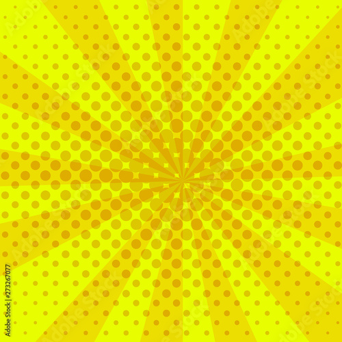 Bright yellow background in pop art style. Rays lemon color of. Texture of dots. Vector illustration. 