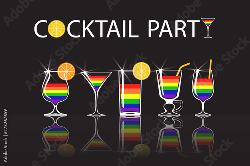 Set of cocktails with colors of LGBT flag on black background