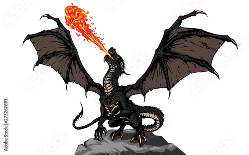 Dragon fire breathing spreading wings, illustration