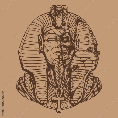 Egyptian pharaoh in a destroyed sarcophagus