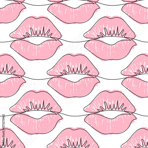 Seamless pattern with one line lips isolated on white. Female pink lipstick kiss background.