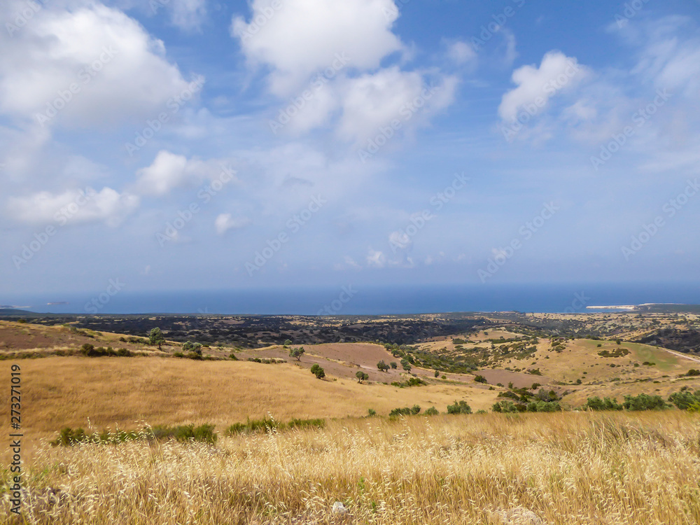 An idyllic view of a hilly fields in Cyprus. Slopes are overgrown with grains and small bushes. In the back some smaller mountains are visible. Great overcast, spreading all over the sky.