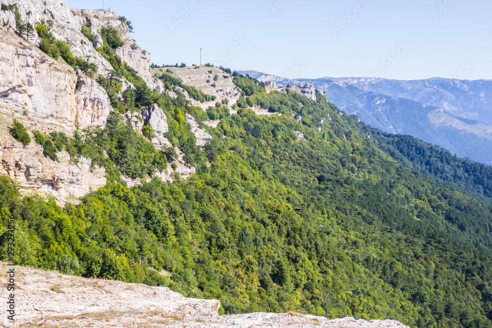 beautiful mountains with green vegetation top view from Mount Ai-Petri in Crimea