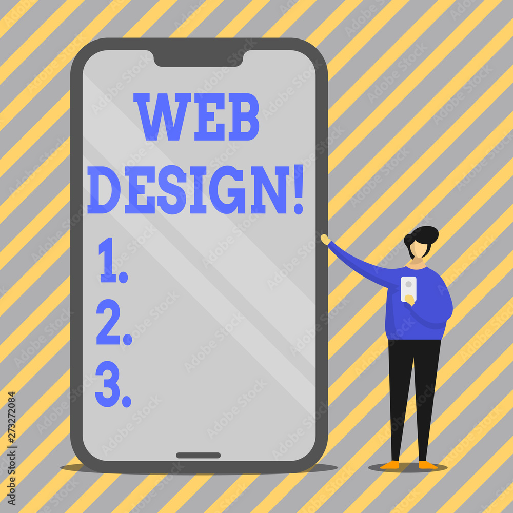 Writing note showing Web Design. Business concept for process of creating websites content production and graphic Man Presenting Huge Smartphone while Holding Another Mobile Writing note showing Web Design. Business concept for process of creating websites content production and graphic Man Presenting Huge Smartphone while Holding Another Mobile