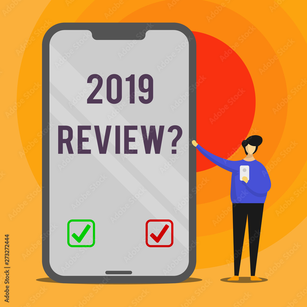 Word writing text 2019 Review Question. Business photo showcasing remembering past year events main actions or good shows Man Presenting Huge Blank Screen Smartphone while Holding Another Mobile Word writing text 2019 Review Question. Business photo showcasing remembering past year events main actions or good shows Man Presenting Huge Blank Screen Smartphone while Holding Another Mobile