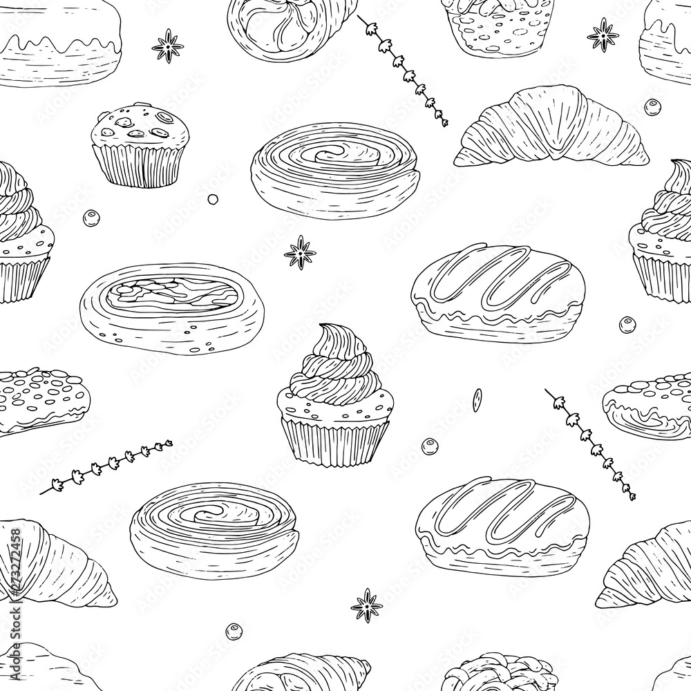 Seamless pattern of elements with hand drawn bakery products on a white background