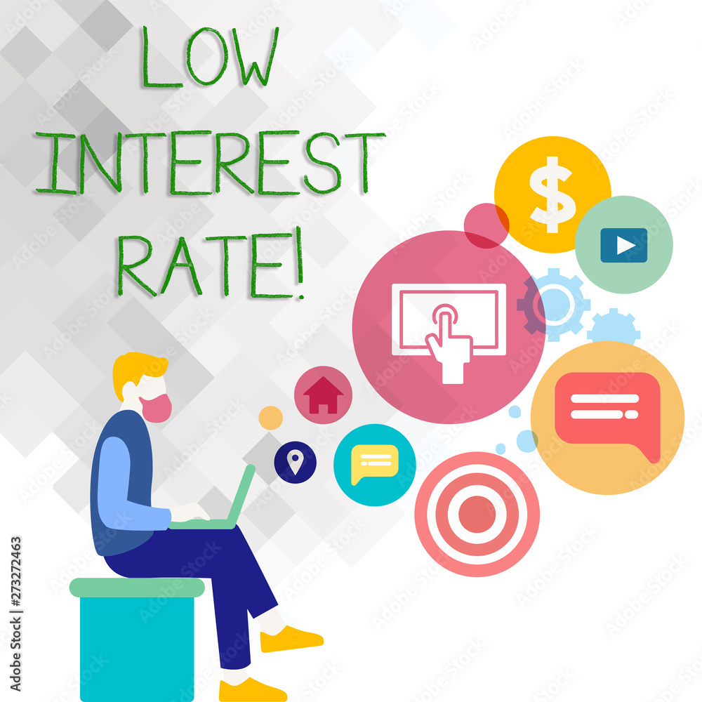 Text sign showing Low Interest Rate. Business photo showcasing Manage money wisely pay lesser rates save higher Man Sitting Down with Laptop on his Lap and SEO Driver Icons on Blank Space