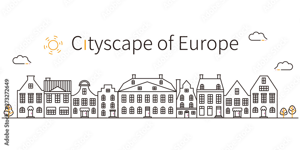 3色の線画 ヨーロッパの街並み　黒基調