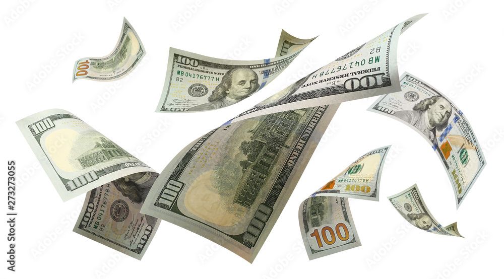 Flying 100 American dollars banknotes, isolated on white background - obrazy, fototapety, plakaty 