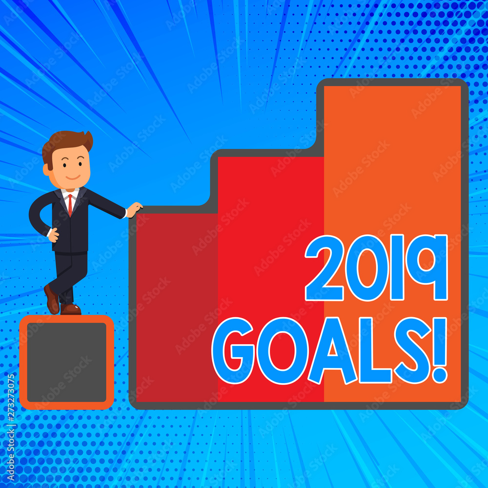 Handwriting text writing 2019 Goals. Conceptual photo something you hope to achieve or get in near or far future Happy Businessman Presenting Growth and Success in Rising Bar Graph Columns Handwriting text writing 2019 Goals. Conceptual photo something you hope to achieve or get in near or far future Happy Businessman Presenting Growth and Success in Rising Bar Graph Columns
