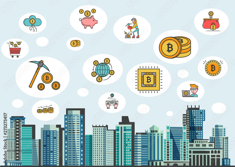 Vector illustration in flat style with crypto currency icons in sky - bitcoin, golden coins, mining pickaxe, crypto wallet and digital account symbol with abstract urban landscape background.